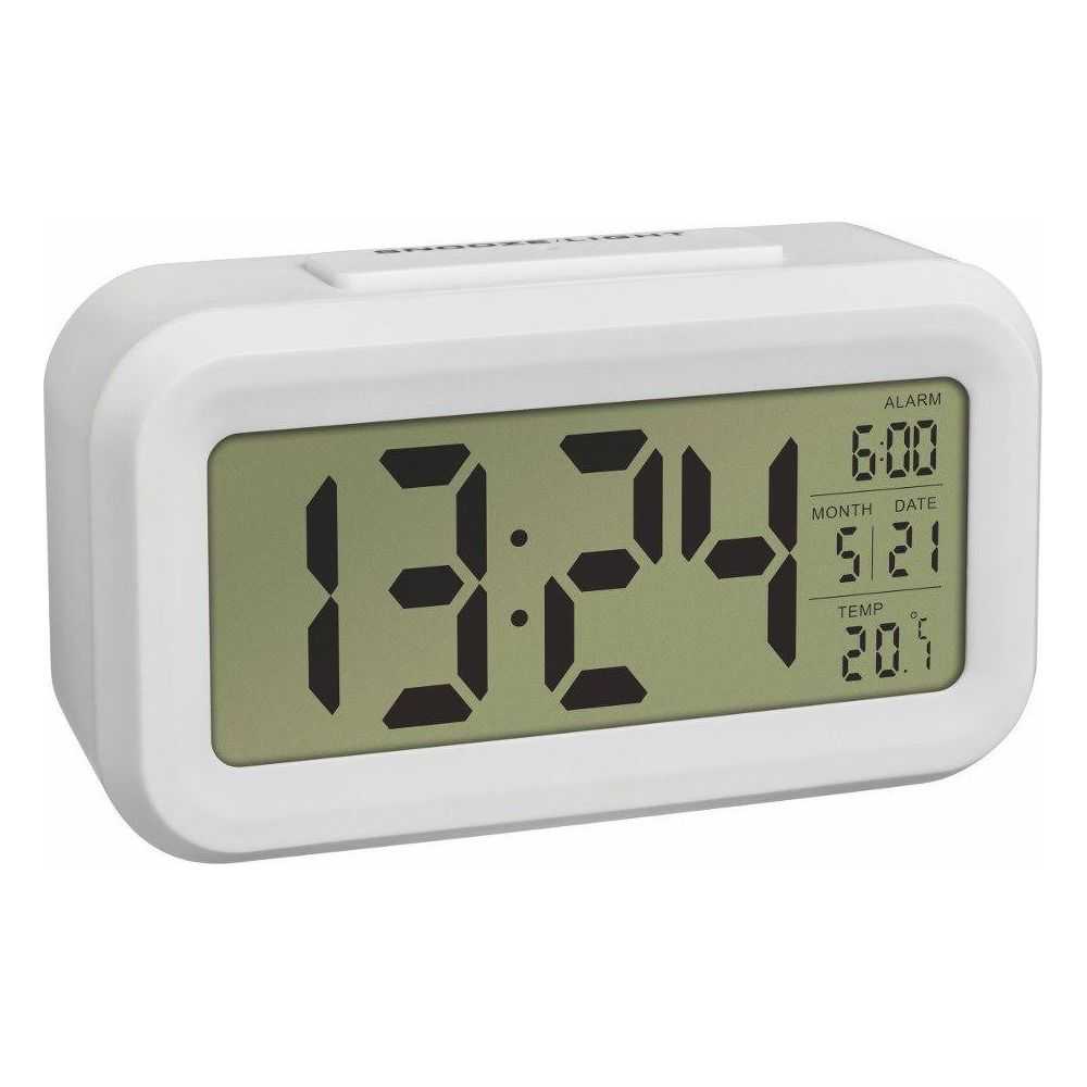Un réveil numérique blanc affiche 13:24, alarme 6:00, date 5/21, temp 20.5°C.