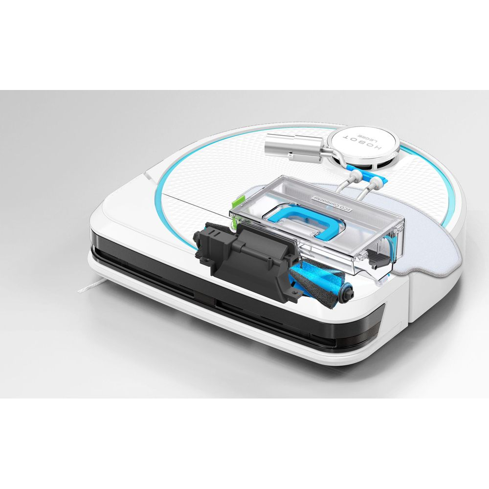 Ein Roboterstaubsauger mit transparentem Wassertank und rotierender Bürste.