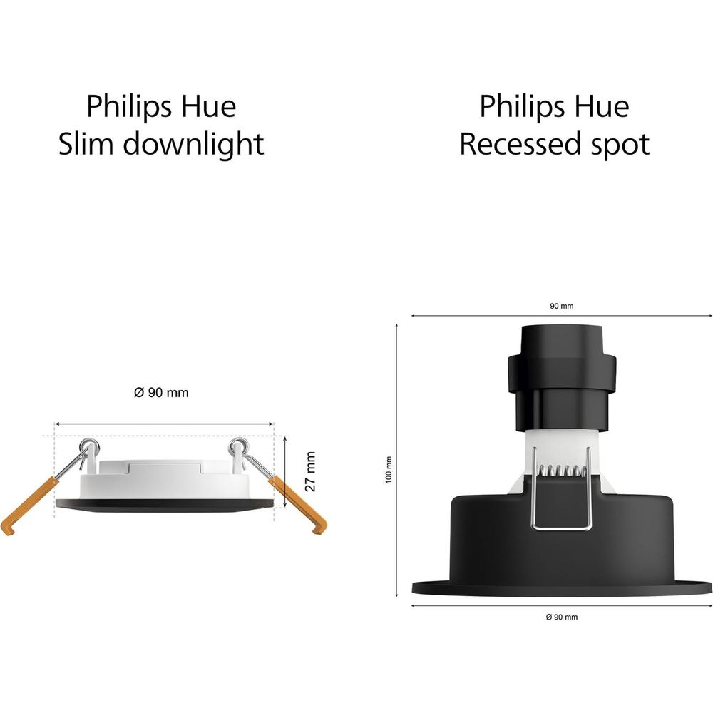 Schémas de downlight slim et spot encastré Philips Hue, montrant les dimensions.