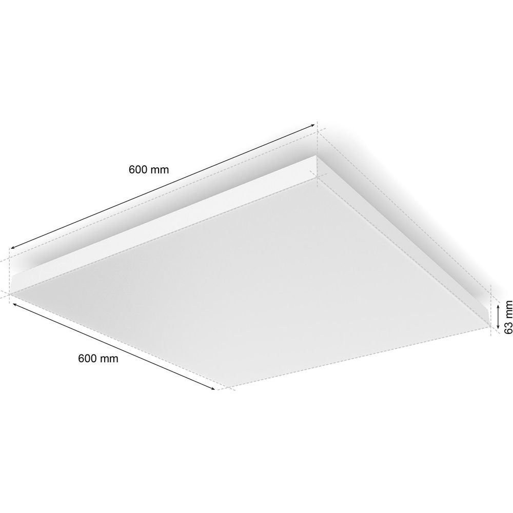 Un pannello rettangolare bianco di 600 mm x 600 mm x 63 mm.