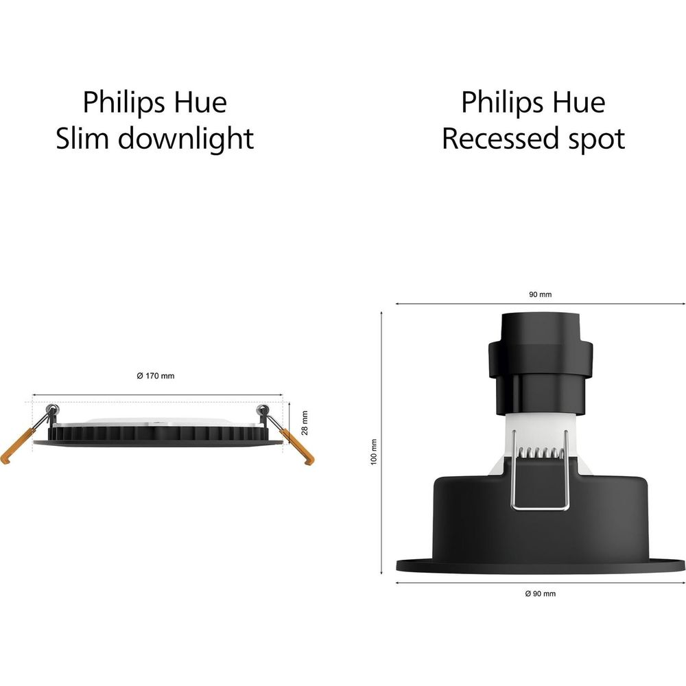 Philips Hue Downlight Fin (Ø 170mm, 28mm H) et Spot Encastré (Ø 90mm, 100mm H).