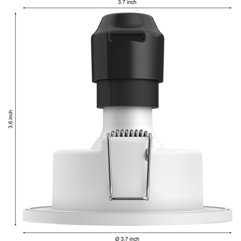 Biała lampa wpuszczana z czarną górą i metalowymi klipsami.