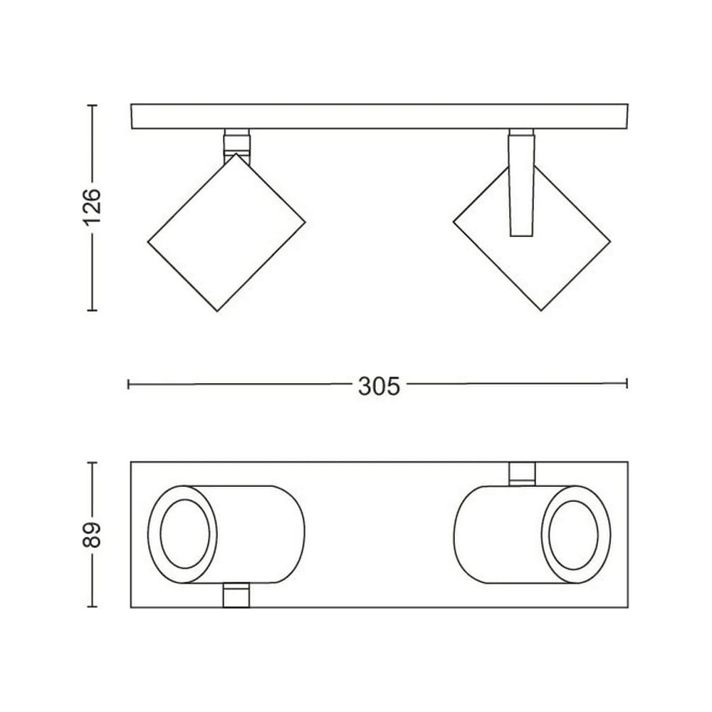 Rysunek techniczny oprawy oświetleniowej z dwoma reflektorami.