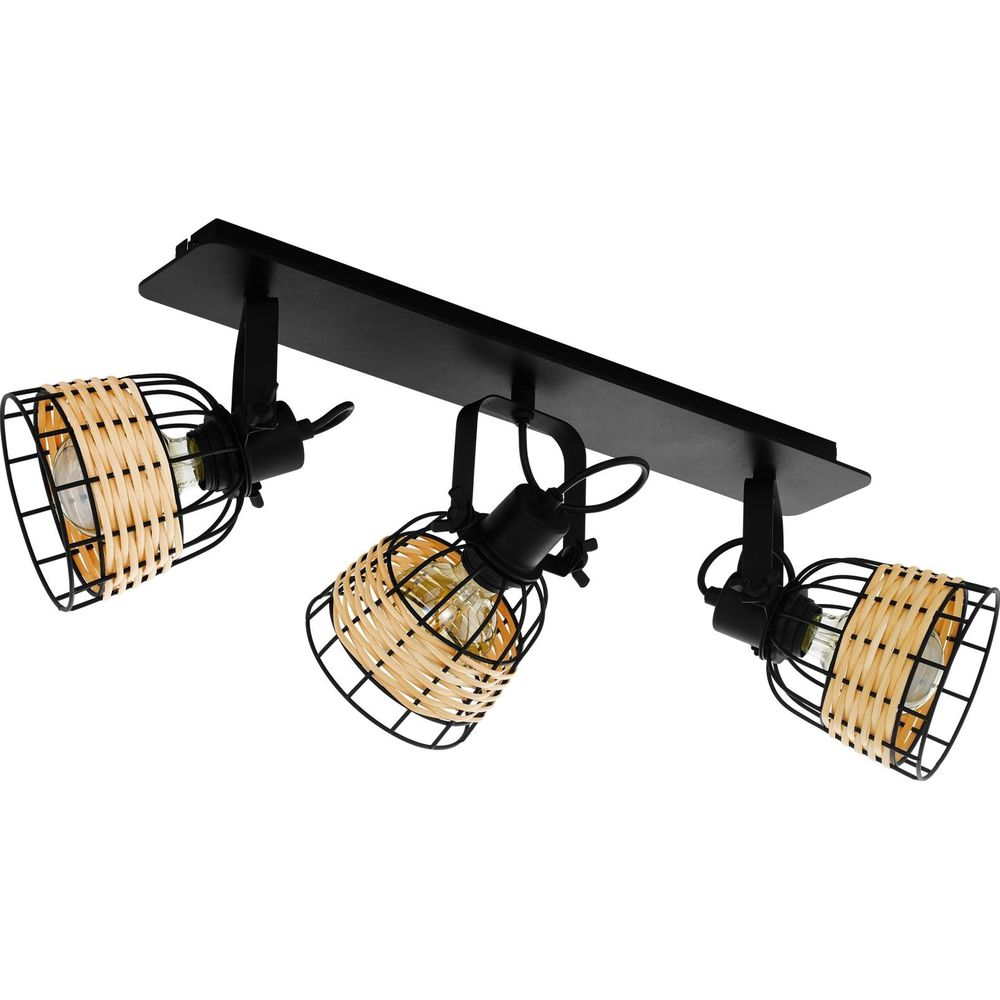 Plafoniera nera con tre paralumi a cestello in rattan e lampadine.