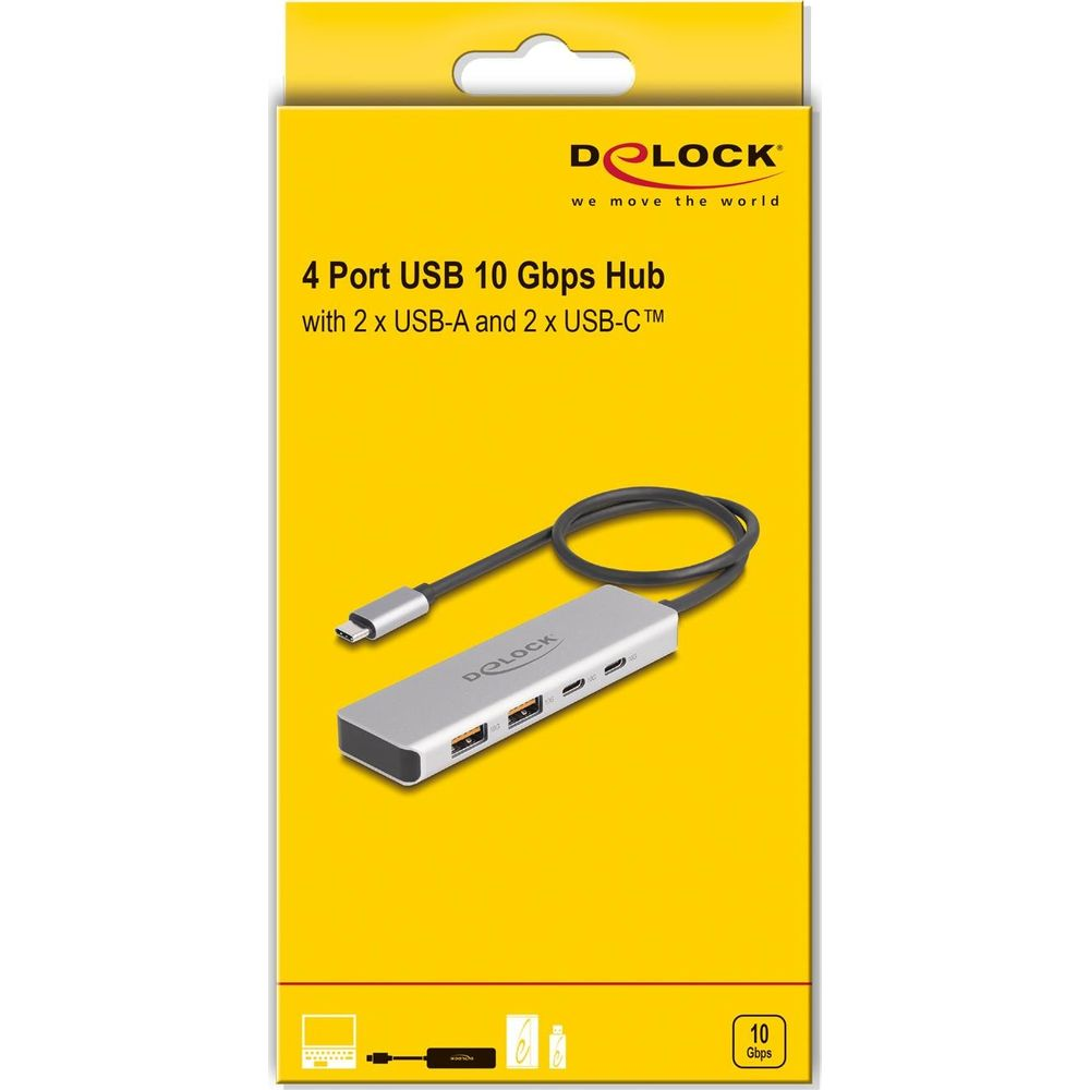 Ein silberner 4-Port USB 10 Gbps Hub mit zwei USB-A und zwei USB-C Anschlüssen.