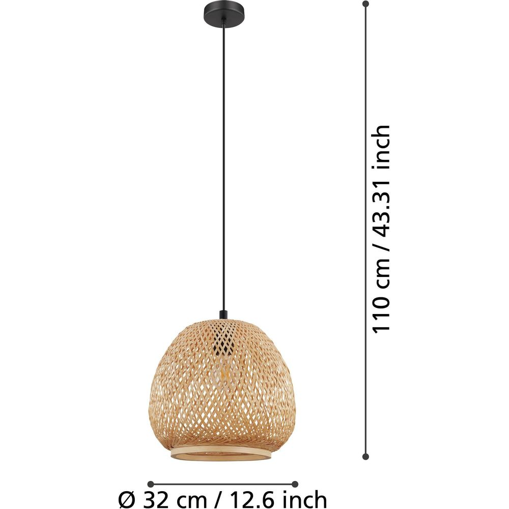 Lampada a sospensione rotonda in vimini naturale con supporto a soffitto nero.