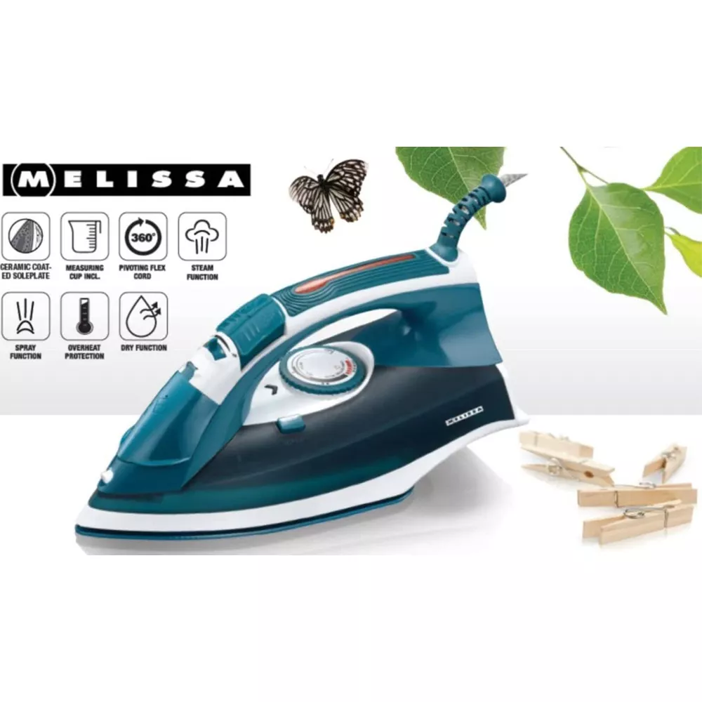 Turkusowe żelazko parowe Melissa z ikonami i klamerkami do prania.