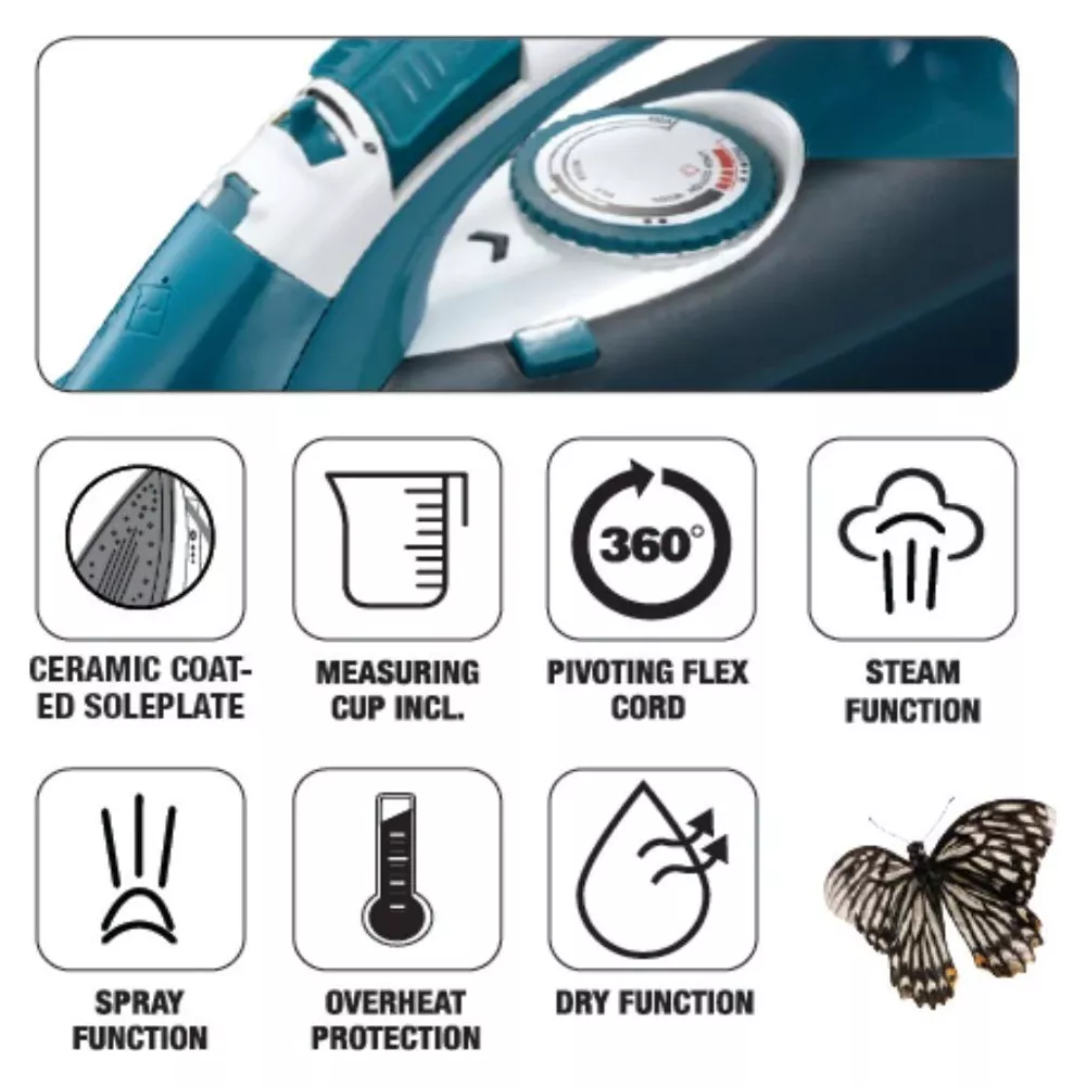Cechy żelazka: stopa ceramiczna, miarka, obrotowy kabel 360°, para, spray, ochrona przed przegrzaniem, suchy.
