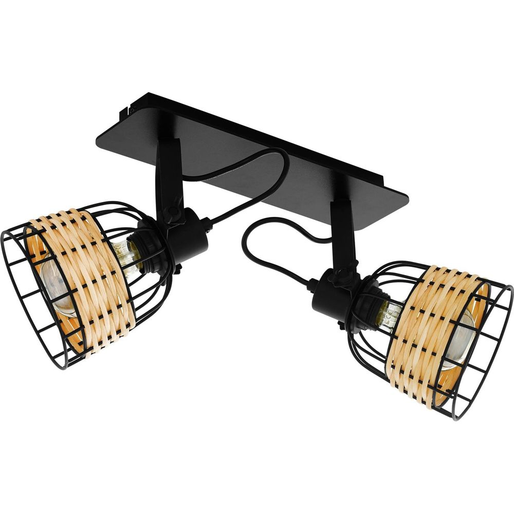 Plafonnier noir avec deux paniers tressés en rotin et cages en métal noir.