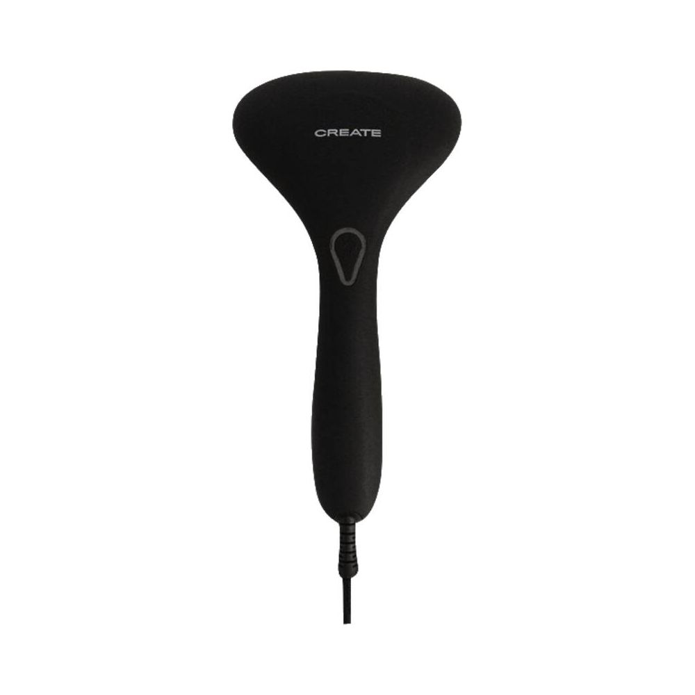 Vaporizador de mano negro con cabeza ovalada y mango con cable.