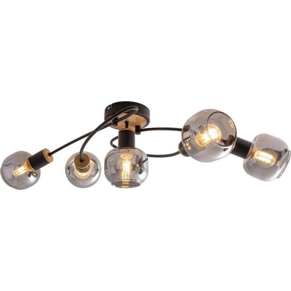 Plafonnier avec cinq ampoules en verre fumé et bras noirs.