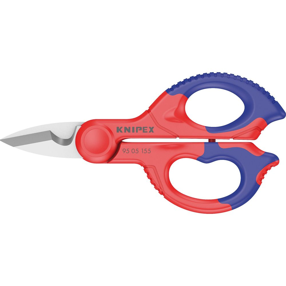 Rote und blaue Schere mit silbernen Klingen. Knipex-Logo und Modellnummer 95 05 155.