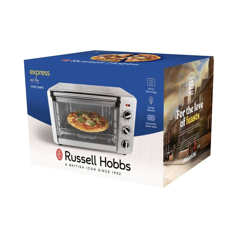 Mini piekarnik Russell Hobbs z pizzą, technologia air fry, energooszczędny.