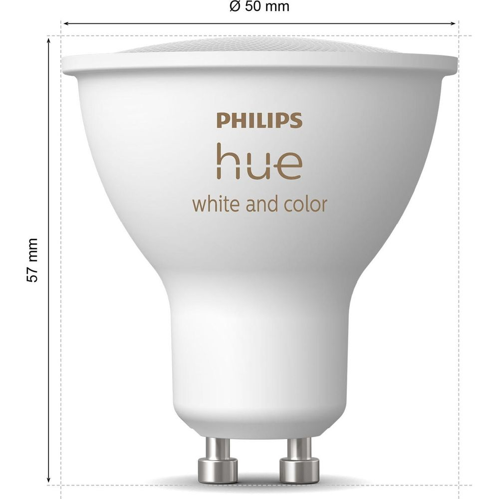 Biała żarówka Philips Hue o wymiarach 50mm x 57mm.
