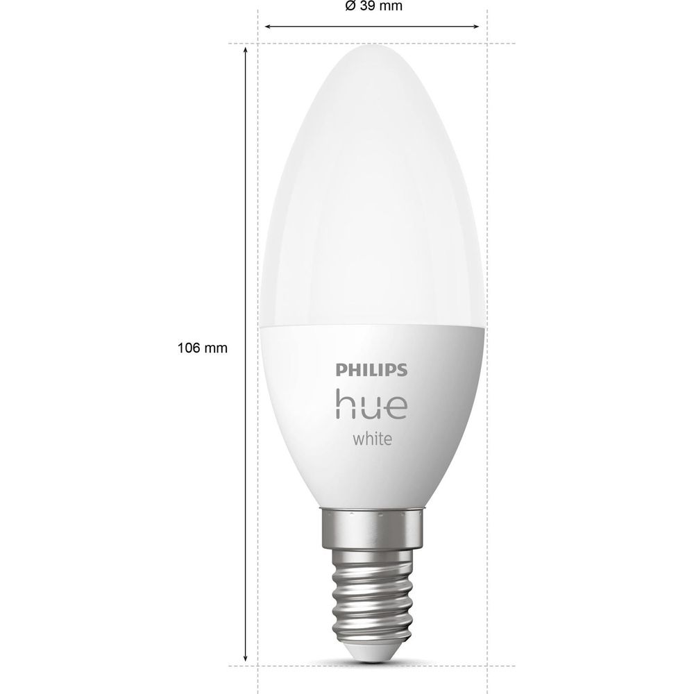 Biała żarówka świecowa Philips Hue z gwintem E14, długa 106mm, szeroka 39mm.