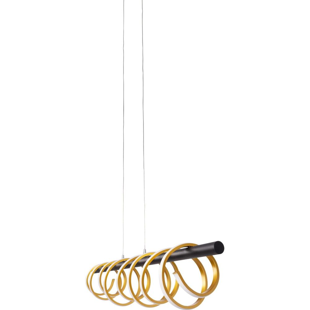 Barre noire avec des anneaux dorés et blancs suspendus.