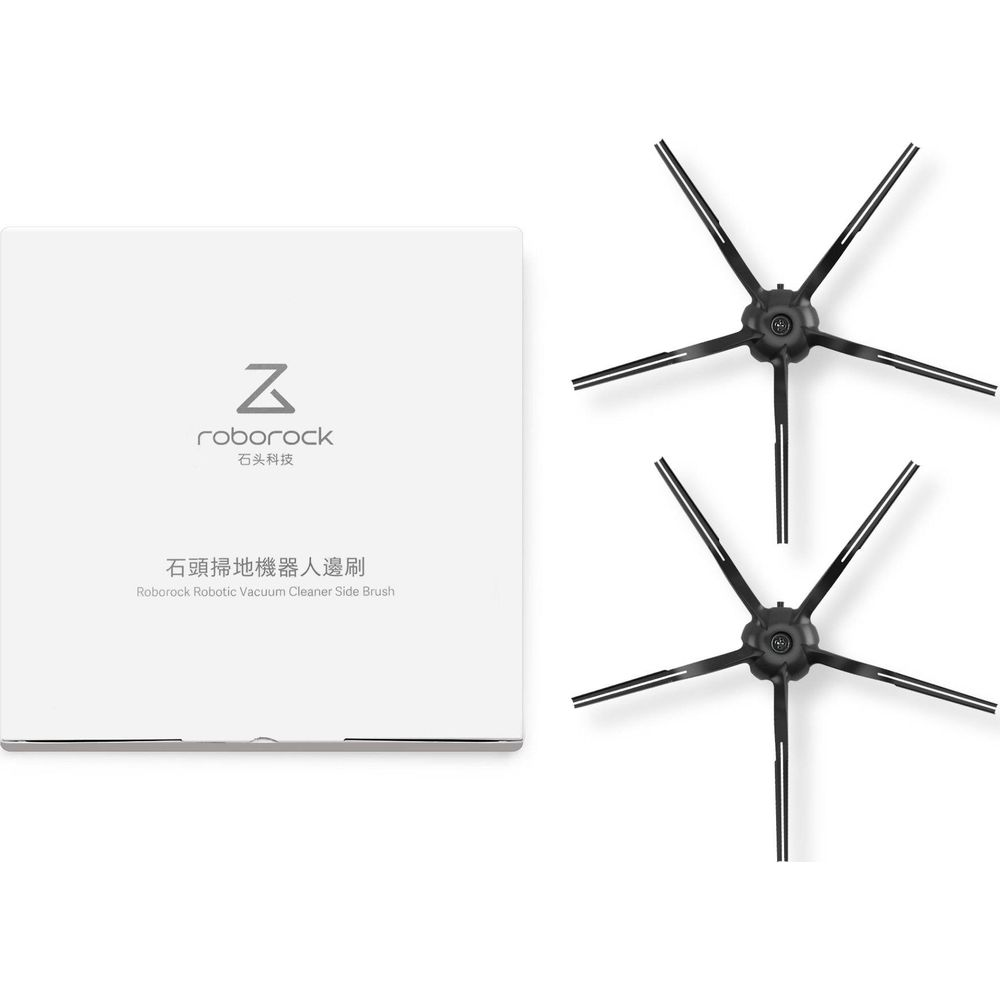 Białe pudełko z logo Roborock i dwiema czarnymi szczotkami bocznymi.