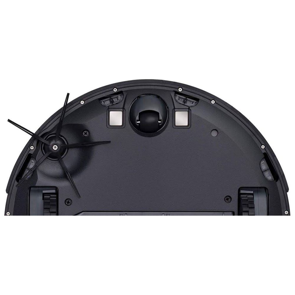 Spód czarnego robota sprzątającego z szczotką, kołami i czujnikami.