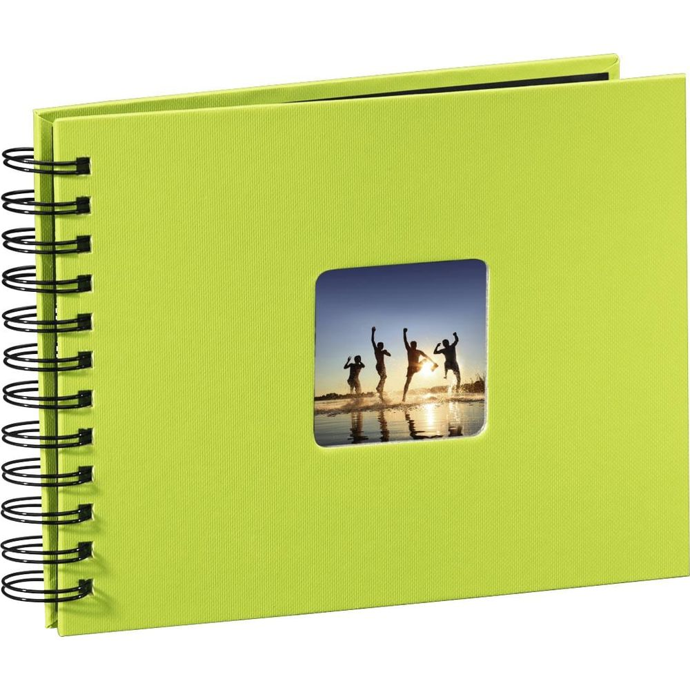 Jasnozielony notatnik bindowany spiralnie pokazuje małe zdjęcie skaczących dzieci w wodzie.