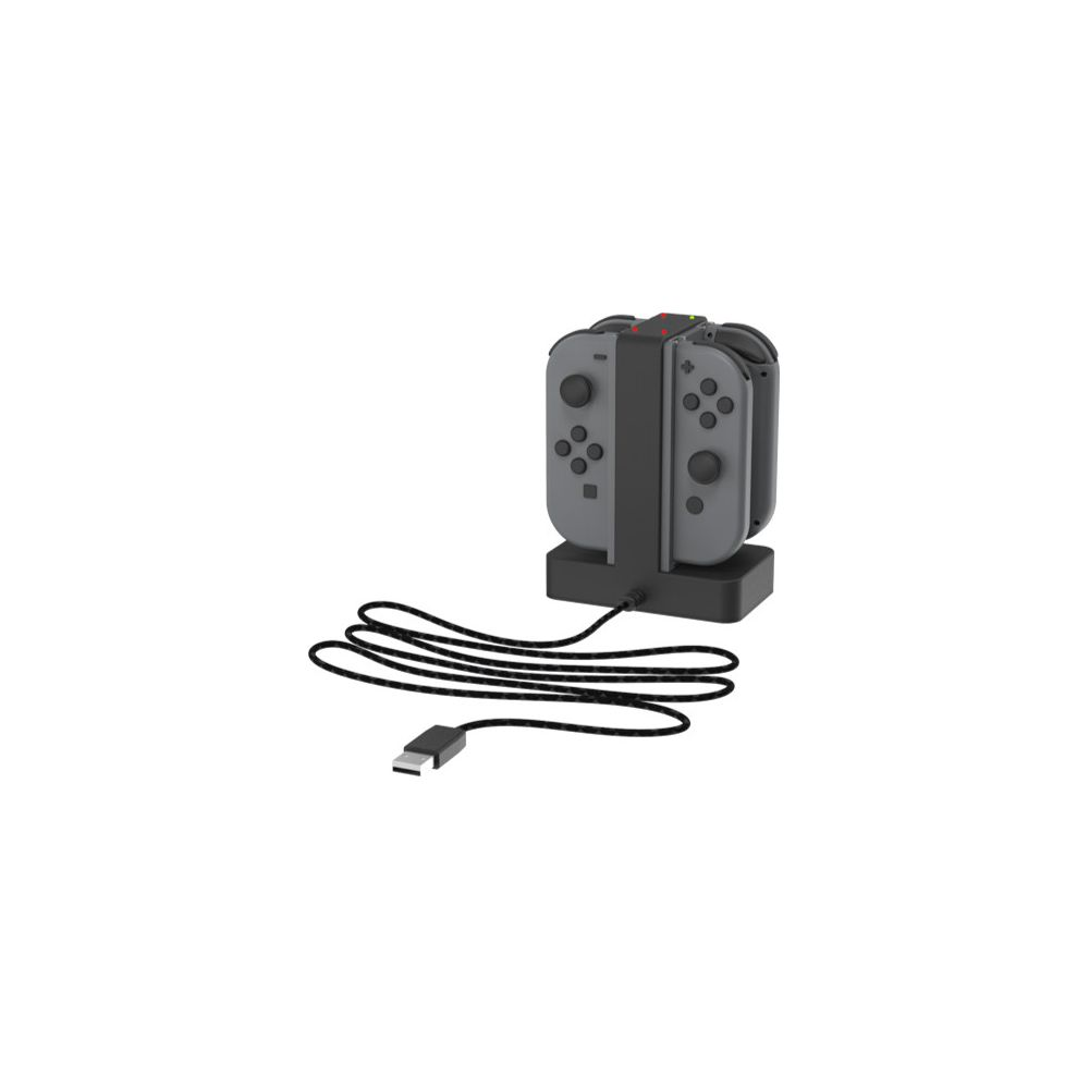 Controller Joy-Con grigi in carica in una base nera con cavo USB.