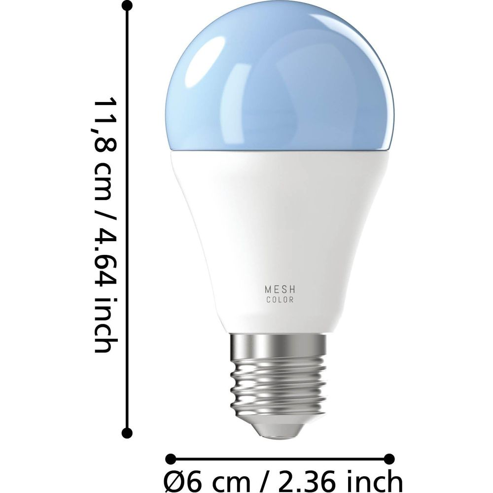 Biała żarówka z niebieską górą i srebrną podstawą, wysokość 11,8 cm.