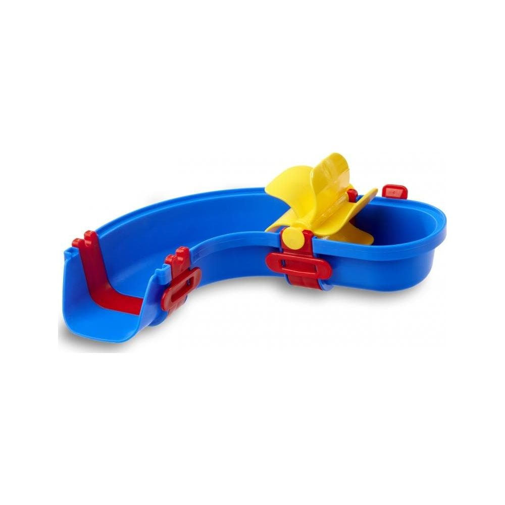 Ein blaues Wasserrutschbahnspielzeug mit gelbem Propeller und roten Clips.