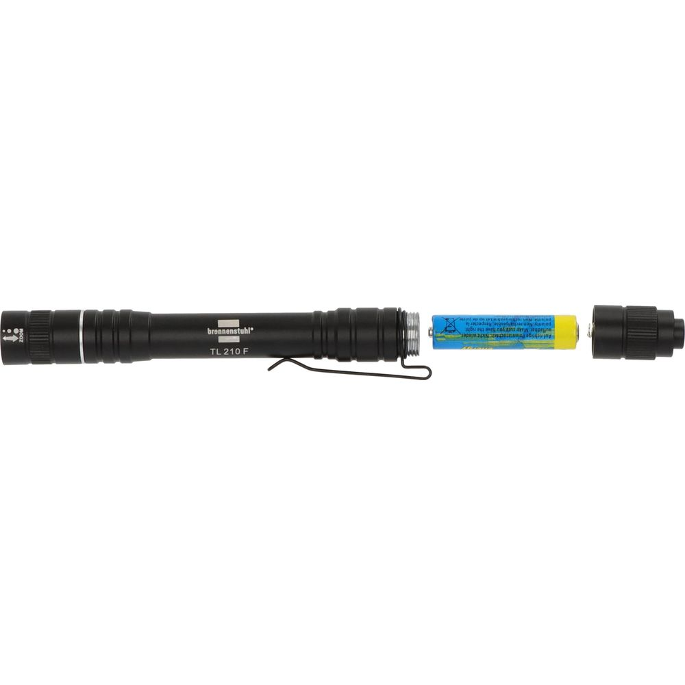 Torcia nera con vano batteria aperto, una batteria e il tappo finale.