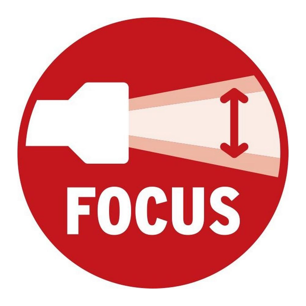 Ikona: Wiązka latarki ze strzałkami wskazującymi regulację ostrości.