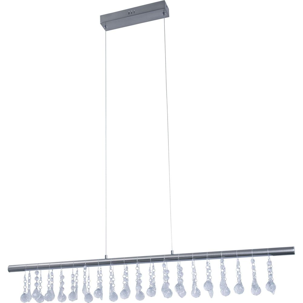 Eine moderne Pendelleuchte mit silbernem Metallrahmen und Kristallanhängern.