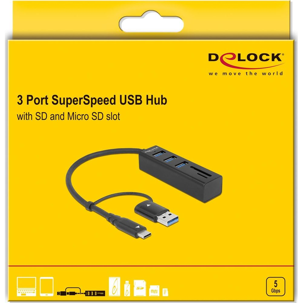 Schwarzer USB-Hub mit 3 Ports und SD/MicroSD-Steckplätzen, mit Kabel und USB-A-Stecker.