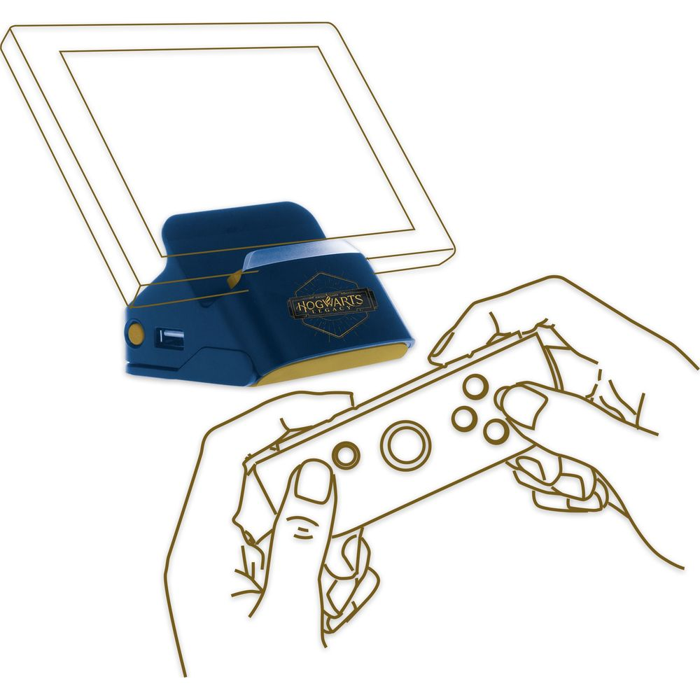 Hogwarts Legacy Controller und Halterung für ein Tablet oder Handy, Hände halten Controller.