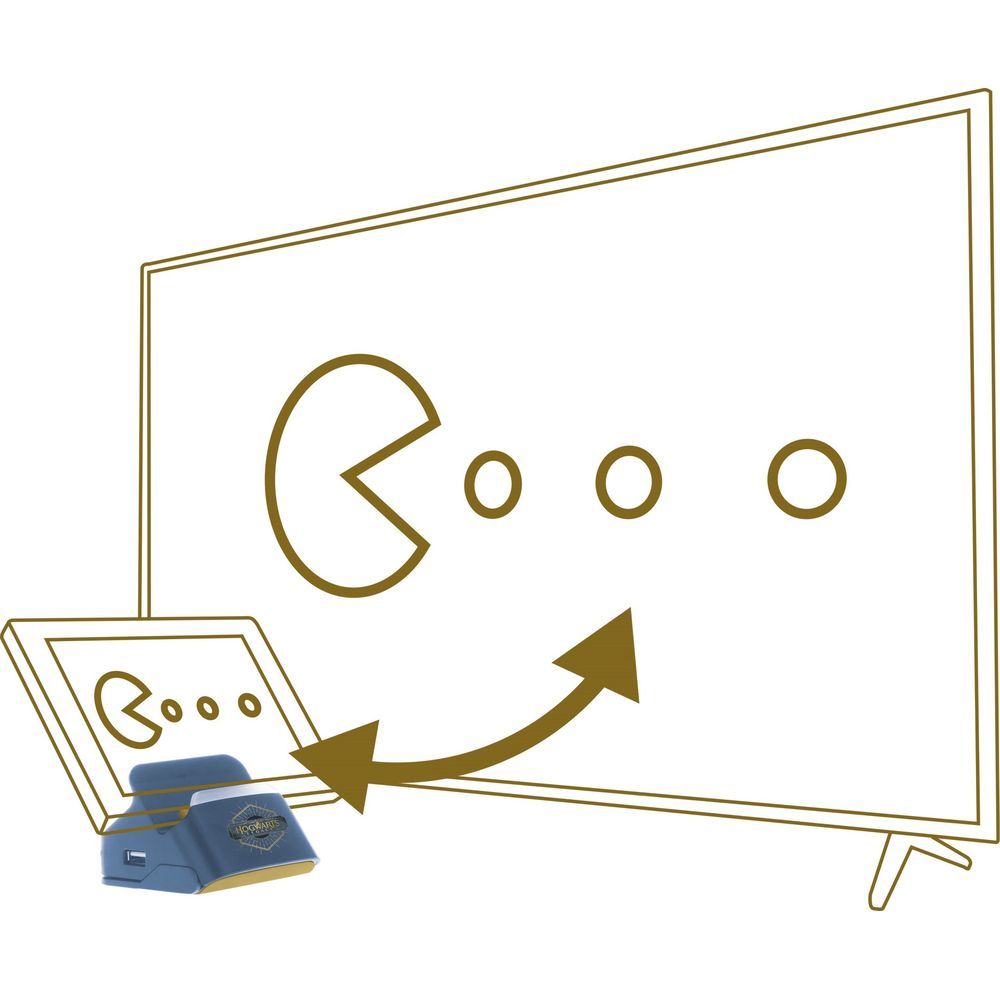 Ein blaues Gerät mit einem Bildschirm zeigt Pac-Man. Ein Pfeil verbindet es mit einem großen Fernseher.