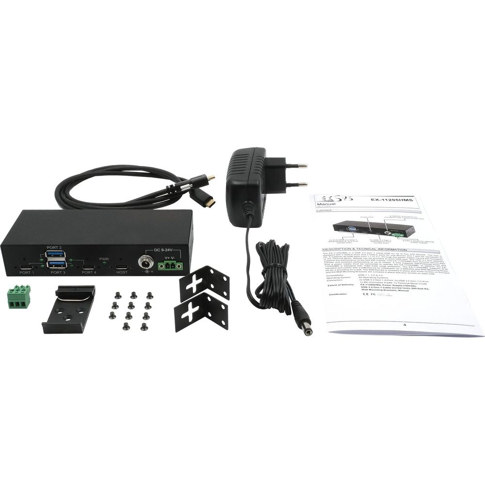 Scatola nera con porte, alimentatore, cavi, manuale e staffe.
