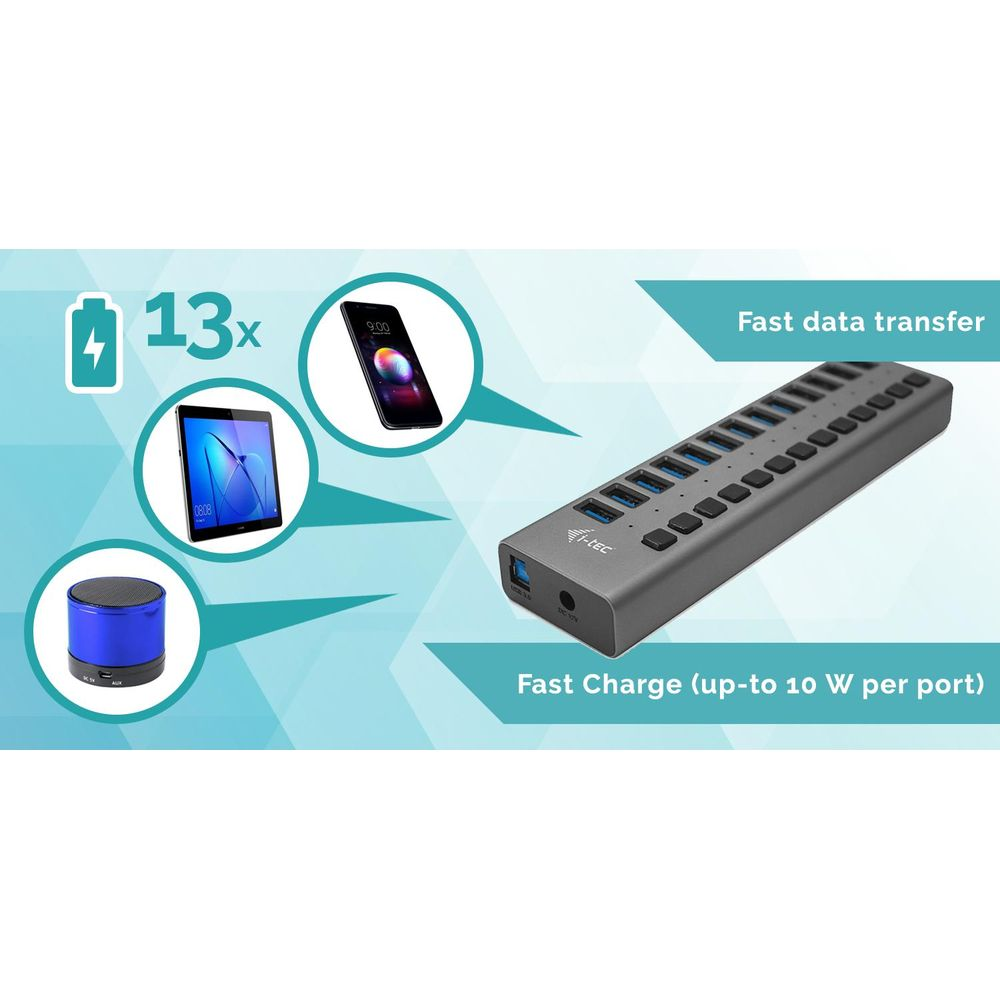 Hub USB grigio a 13 porte, carica tablet, smartphone e altoparlante.