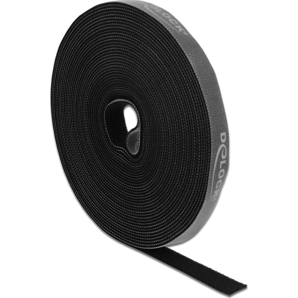 Un rouleau de bande velcro noire avec une extrémité déroulée.
