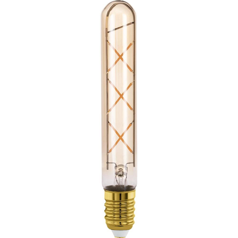 Eine lange, transparente Röhrenbirne mit goldenem Gewinde und einem X-förmigen Glühfaden.