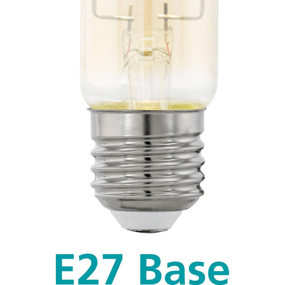 Nahaufnahme einer Glühbirne mit E27-Sockel und sichtbarem Glühfaden.