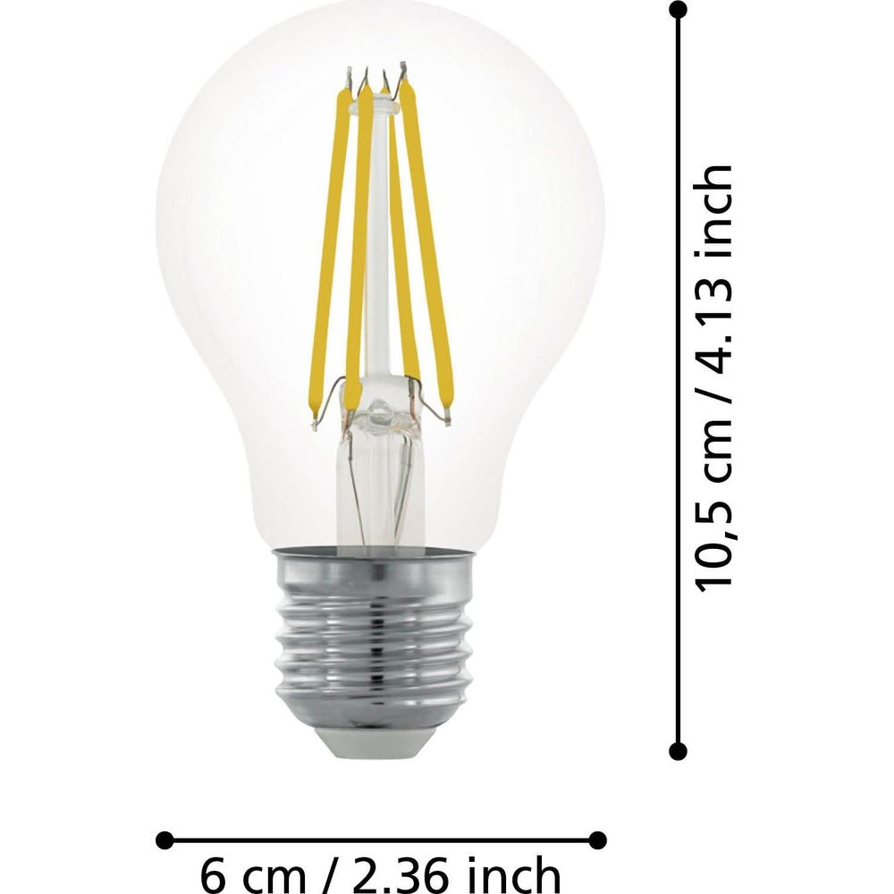 Ampoule transparente avec quatre filaments jaunes et culot à vis argenté.