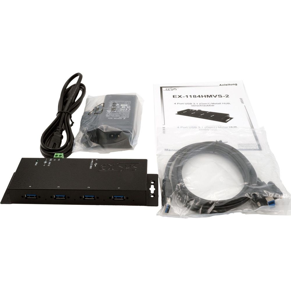 Hub USB 3.1 EXSYS, alimentatore, cavo e manuale su sfondo bianco.