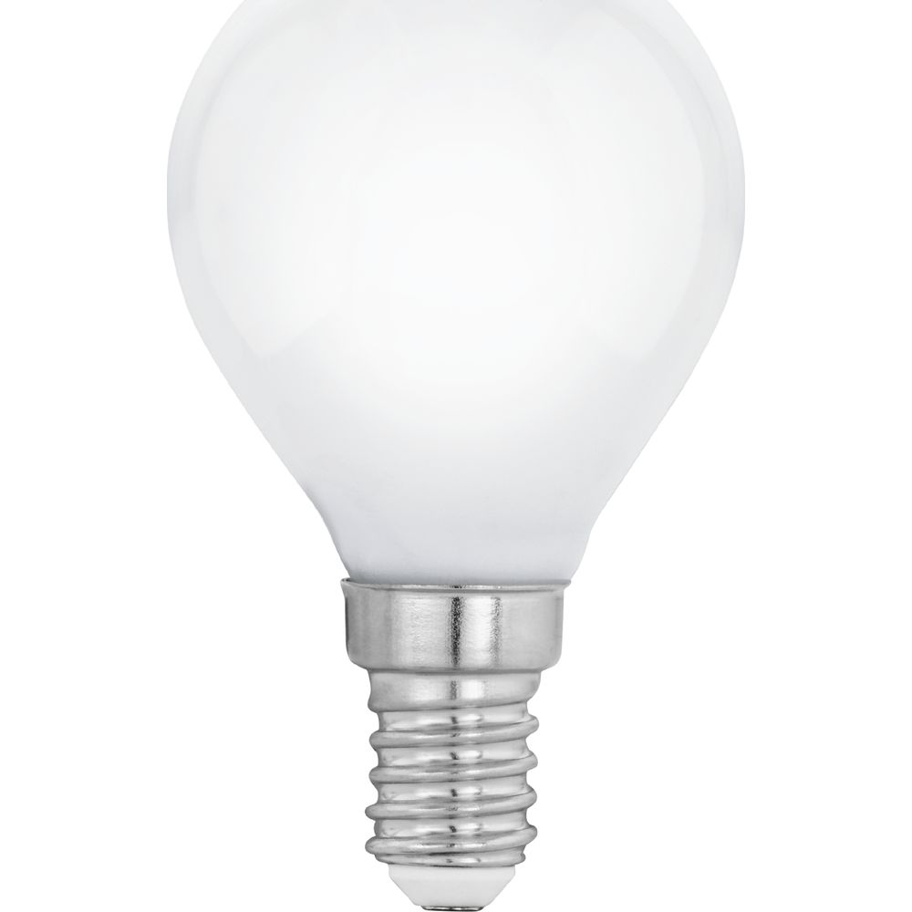 Une ampoule sphérique dépolie à culot à vis sur fond blanc.