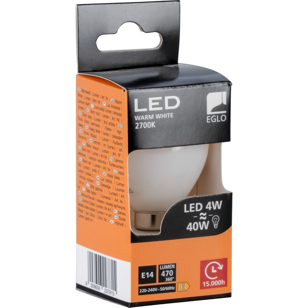 Verpackung einer EGLO LED-Lampe, warmweiß, 2700K, 4W, E14, 470 Lumen.