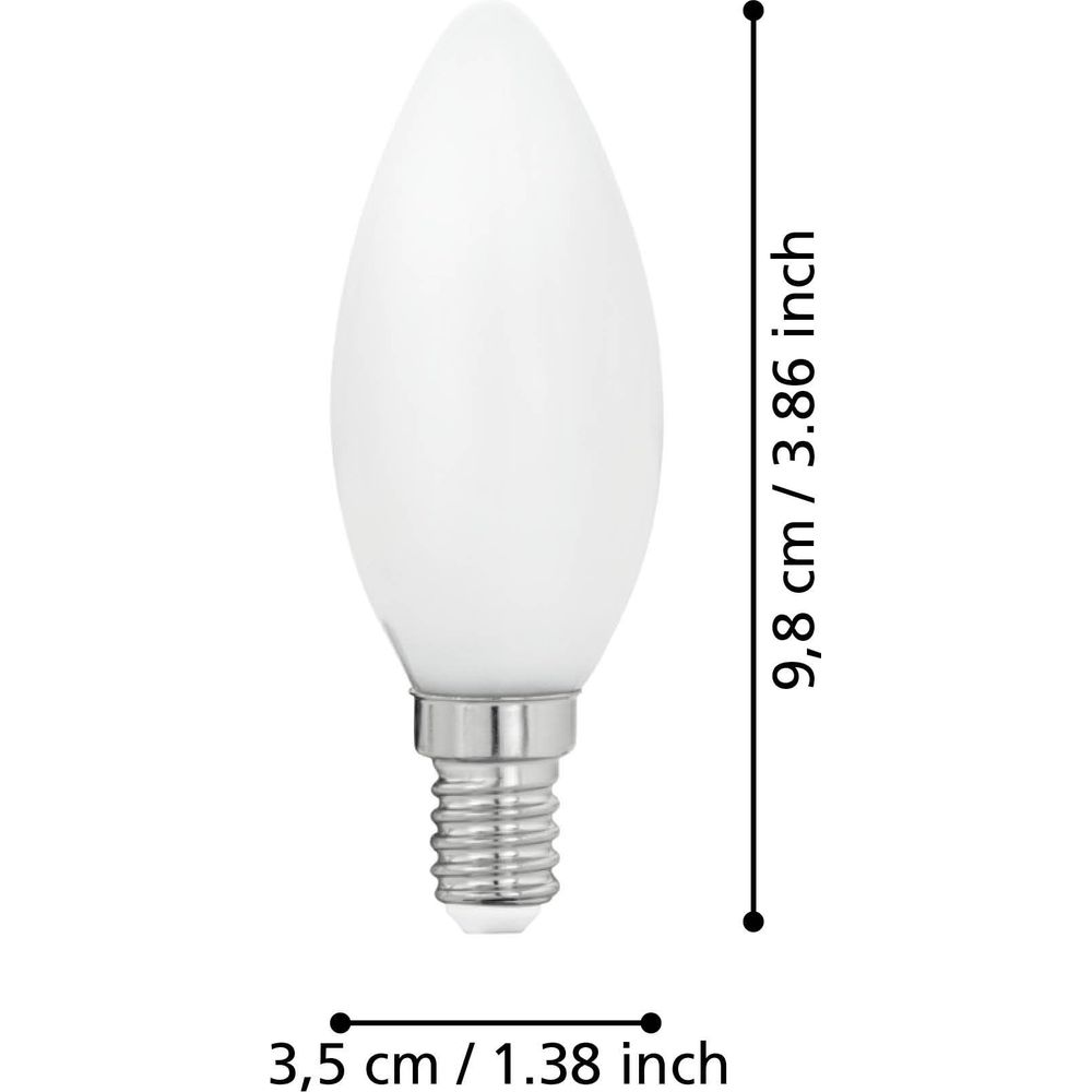 Ampoule bougie blanche avec culot à vis et dimensions.