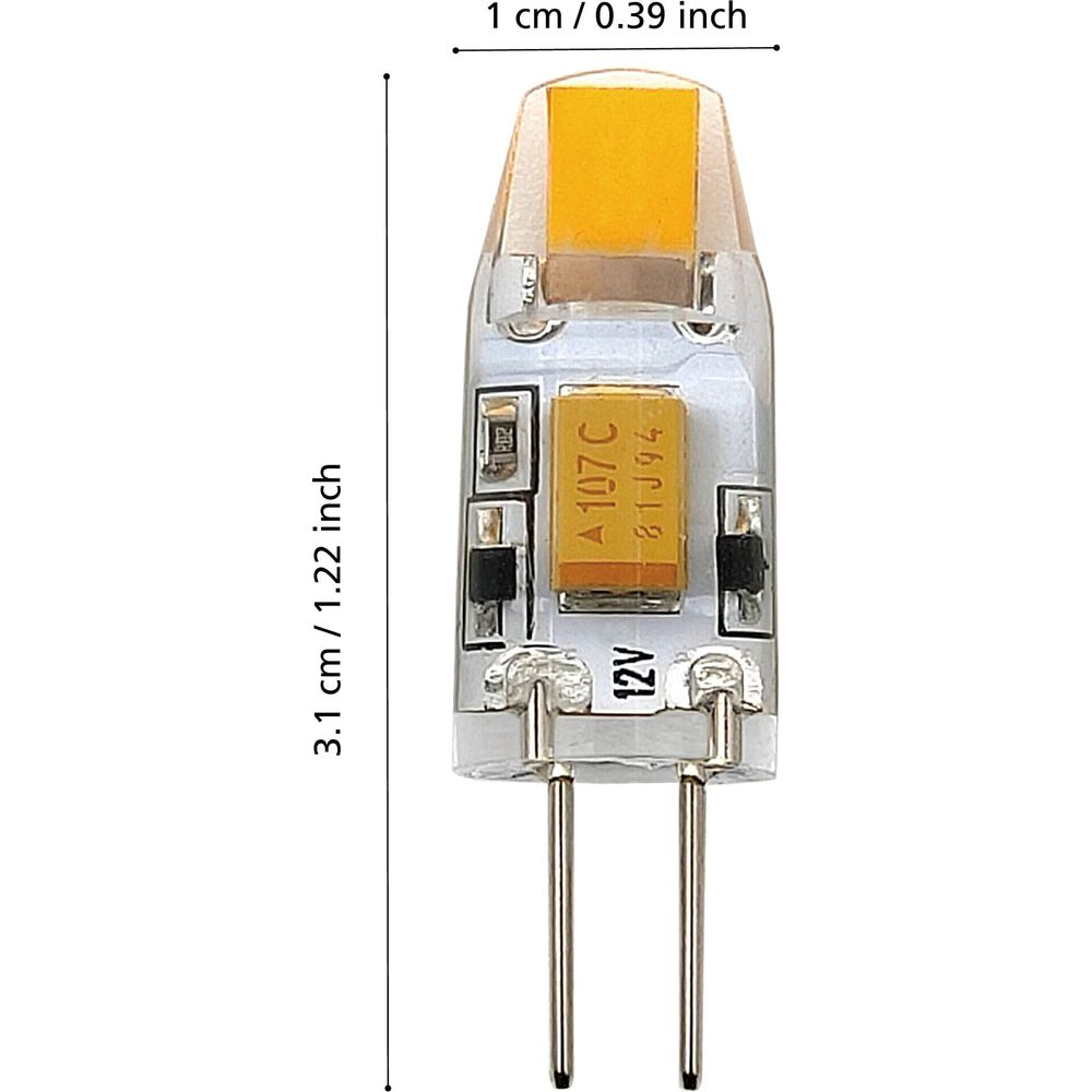 Une petite ampoule LED 12V à lumière jaune avec deux broches.