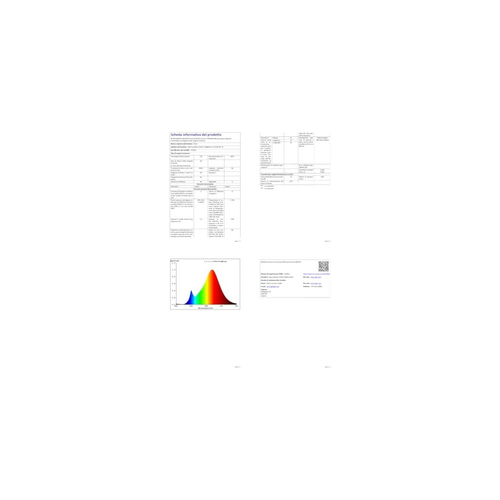 Fiche d'information produit avec graphique, tableaux et code QR.