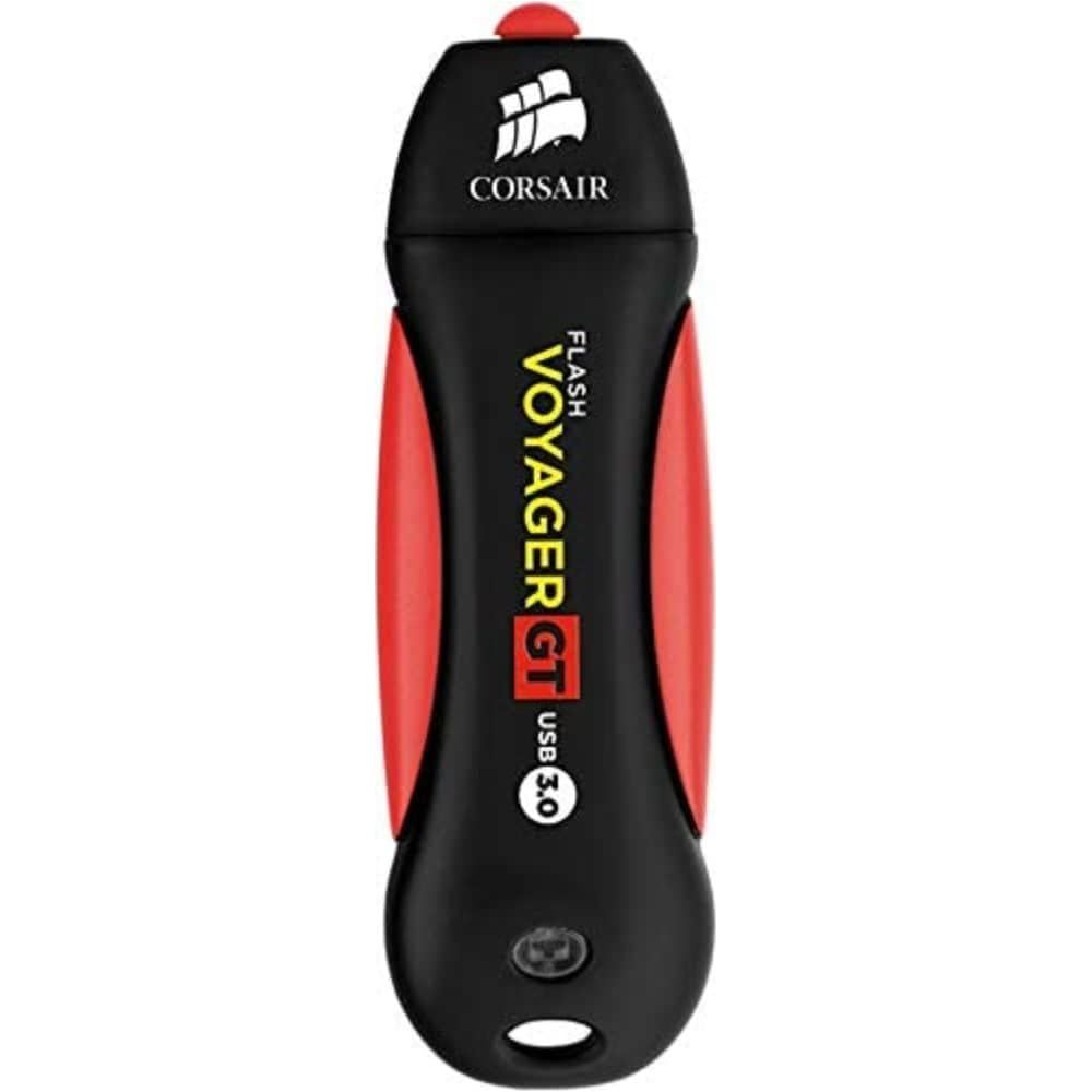 Czarny pendrive Corsair Voyager GT USB 3.0 z czerwonymi akcentami.