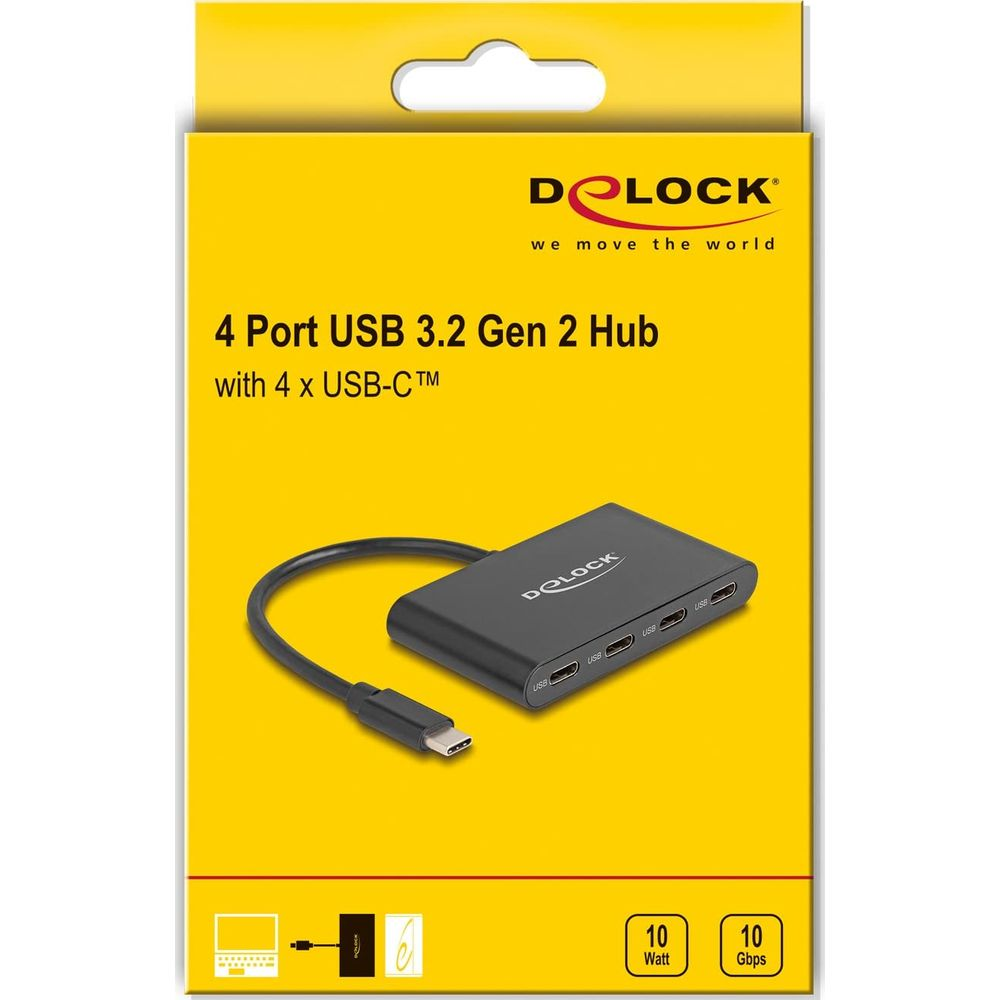 Un hub USB 3.2 Gen 2 a 4 porte nero con connettore USB-C su confezione gialla.