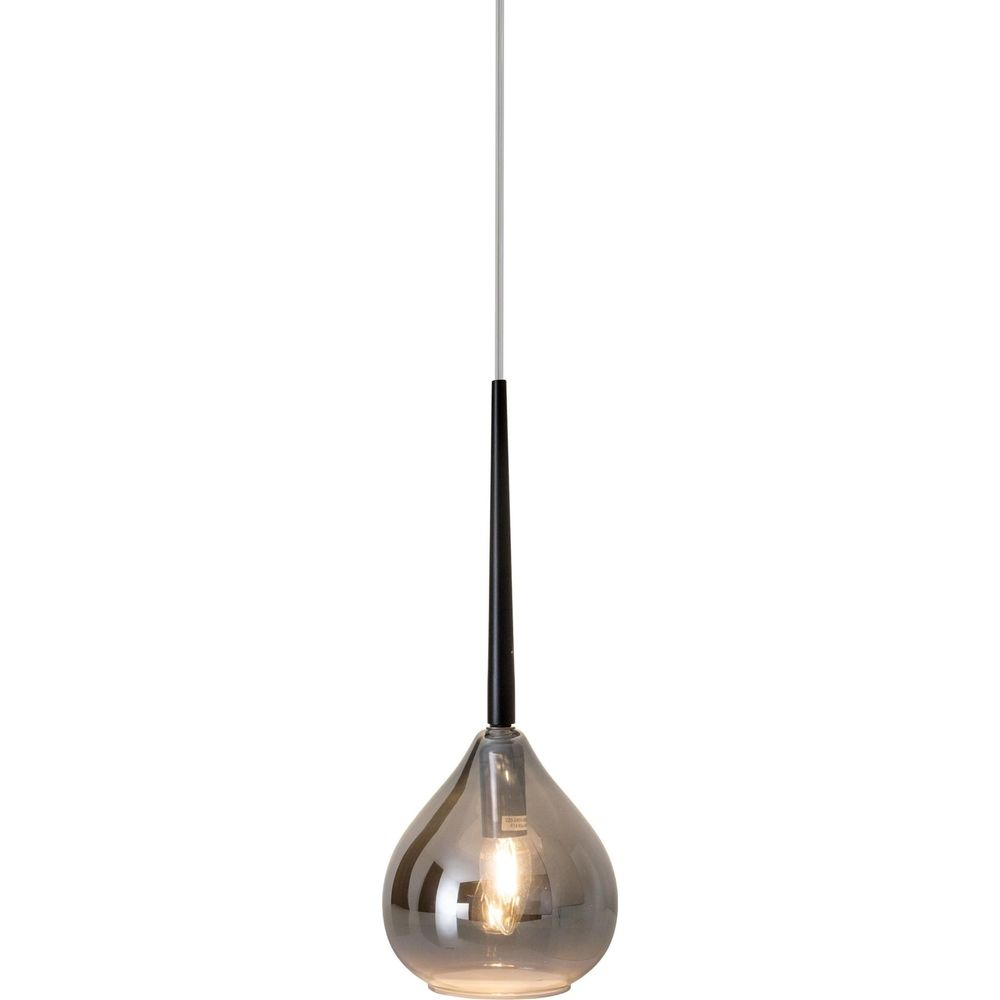 Une lampe en verre en forme de larme avec une tige noire et un cordon blanc.