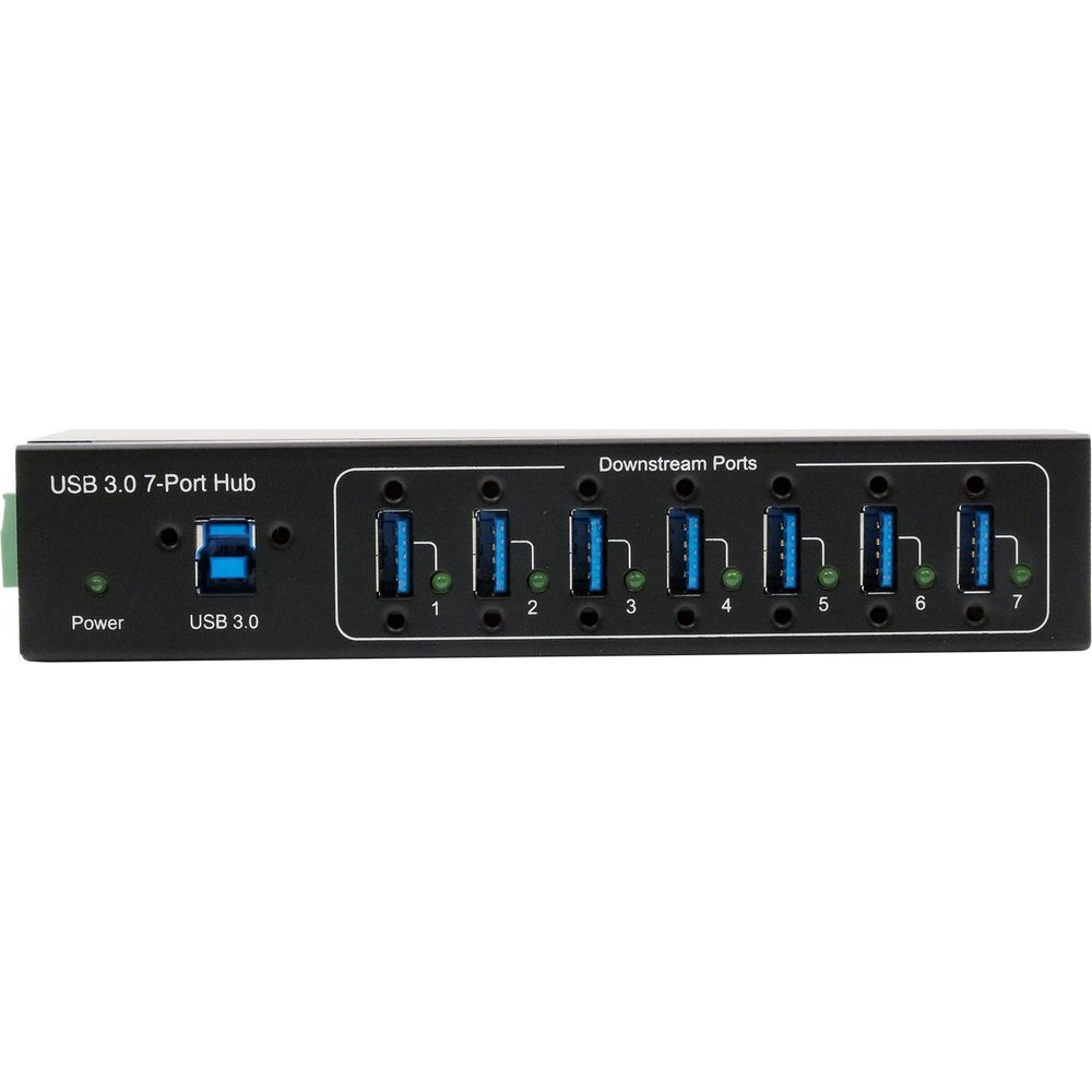 Ein schwarzer USB 3.0 7-Port-Hub mit blauem USB-Anschluss und nummerierten Ports.