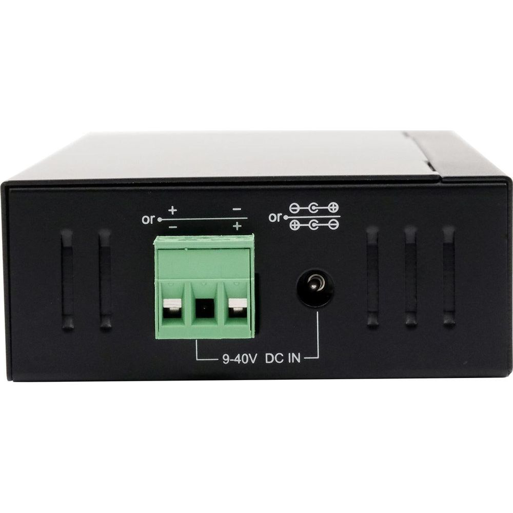 Schwarzes Gehäuse mit Anschlüssen für 9-40V DC Eingang und Erdung.