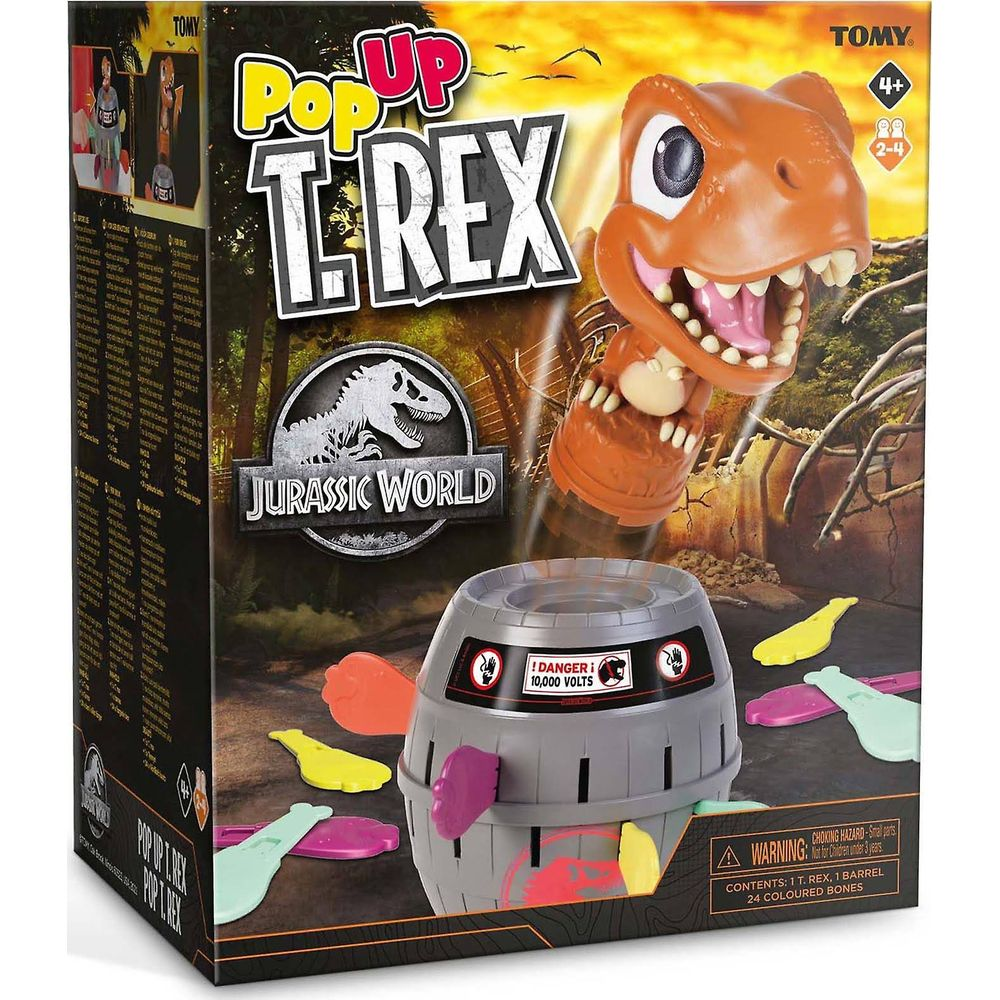 Scatola del gioco Pop-Up T-Rex con T-Rex, barile e ossa colorate.